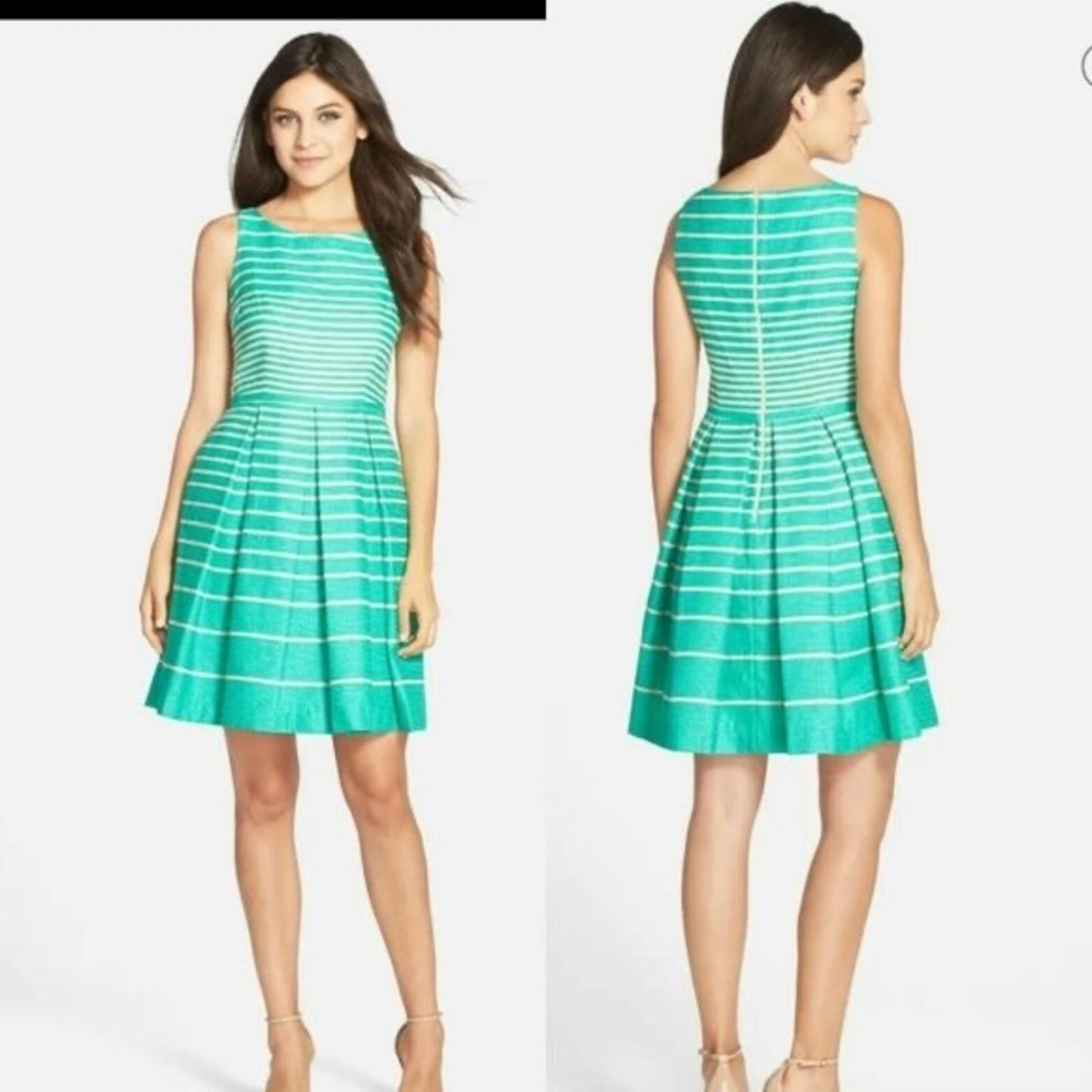 Taylor Women's Green White Stripe Jacquard Fit & Flare‎ Pleated Dress Size 6